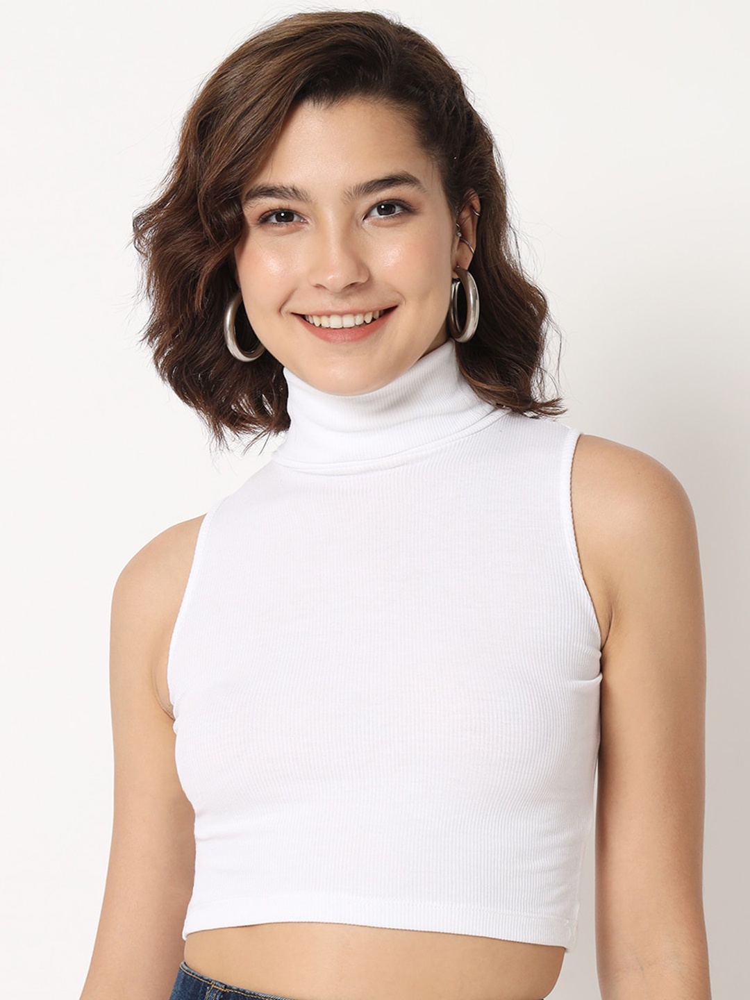 

CHARMGAL Turtle Neck Fitted Crop Top, White