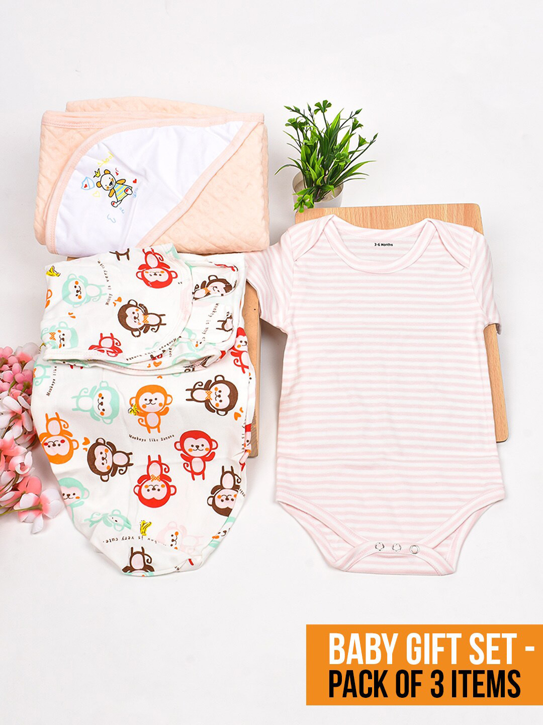 

Moms Home Infants Set Of 3 Cotton Muslin Baby Apparel Gift Set, Peach