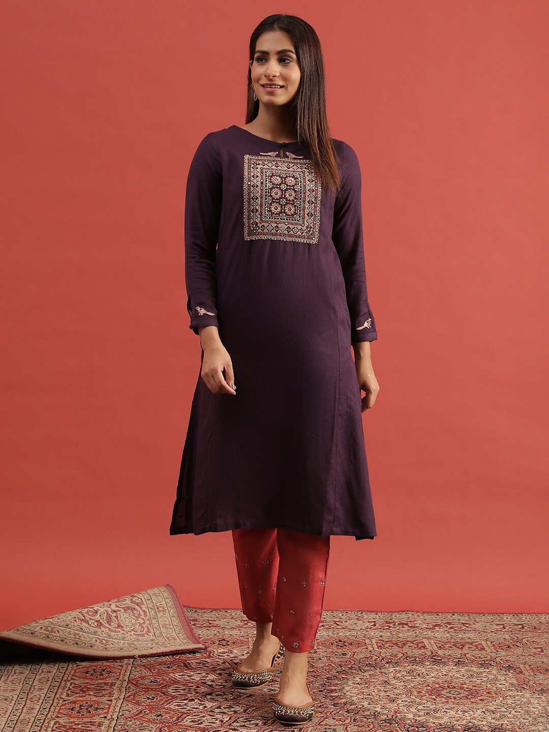 

W Purple Ethnic Motifs Embroidered Mirror Work Kurta
