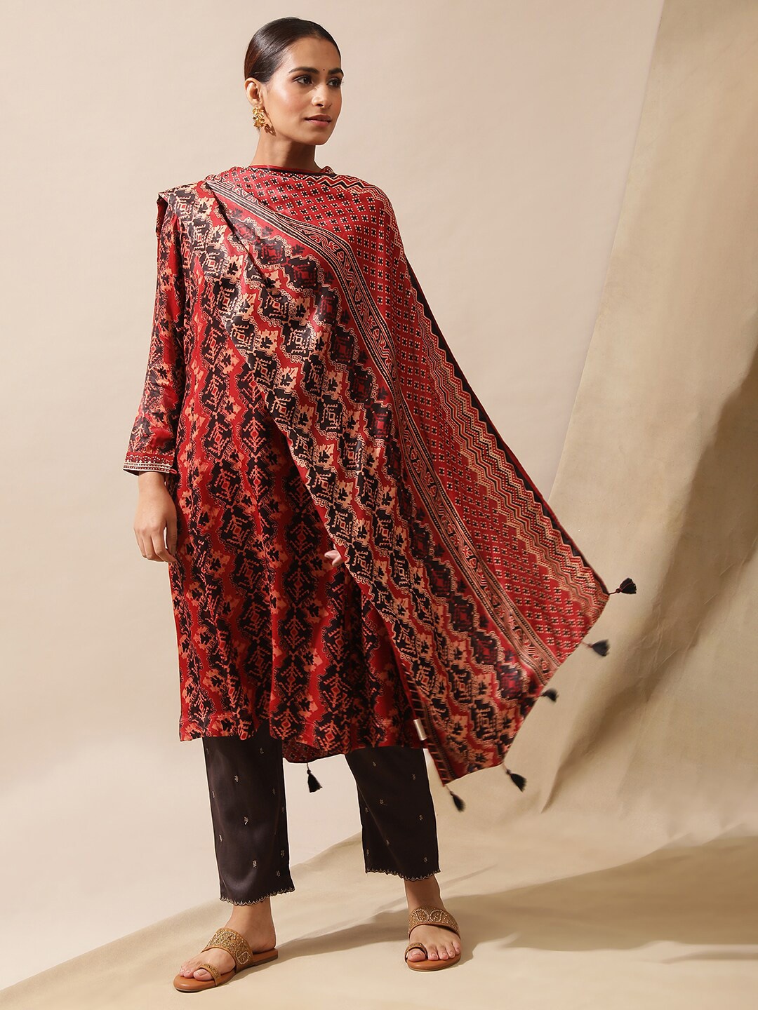 

W The Folksong Collection Ethnic Motifs Printed Dupatta, Red