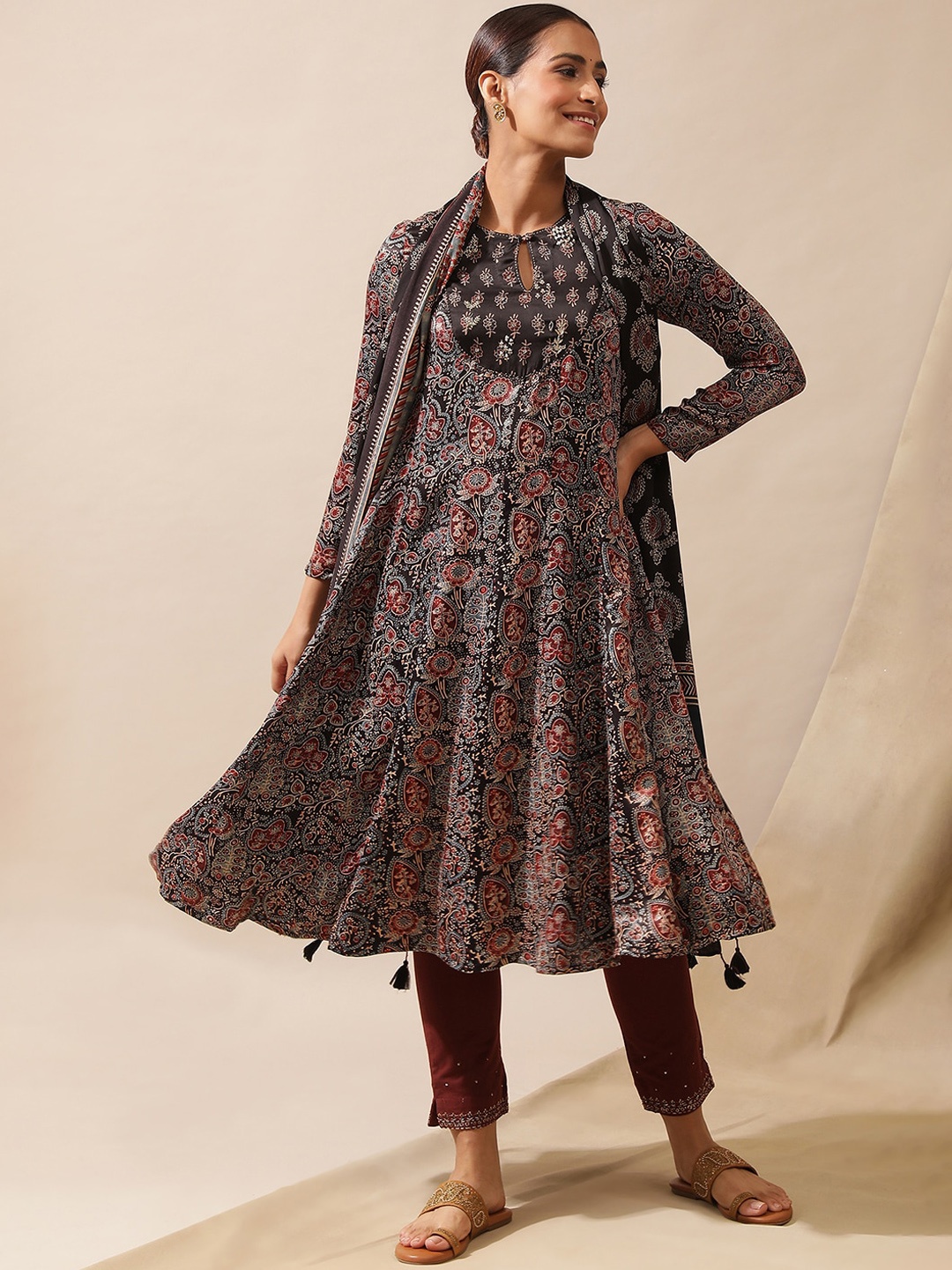 

W Brown Ethnic Motifs Printed Keyhole Neck Beads & Stones Anarkali Kurta
