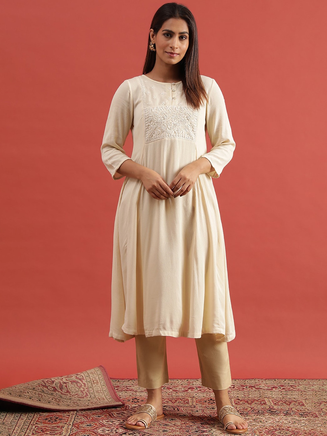 

W Beige Ethnic Motifs Embroidered Thread Work A-line Kurta