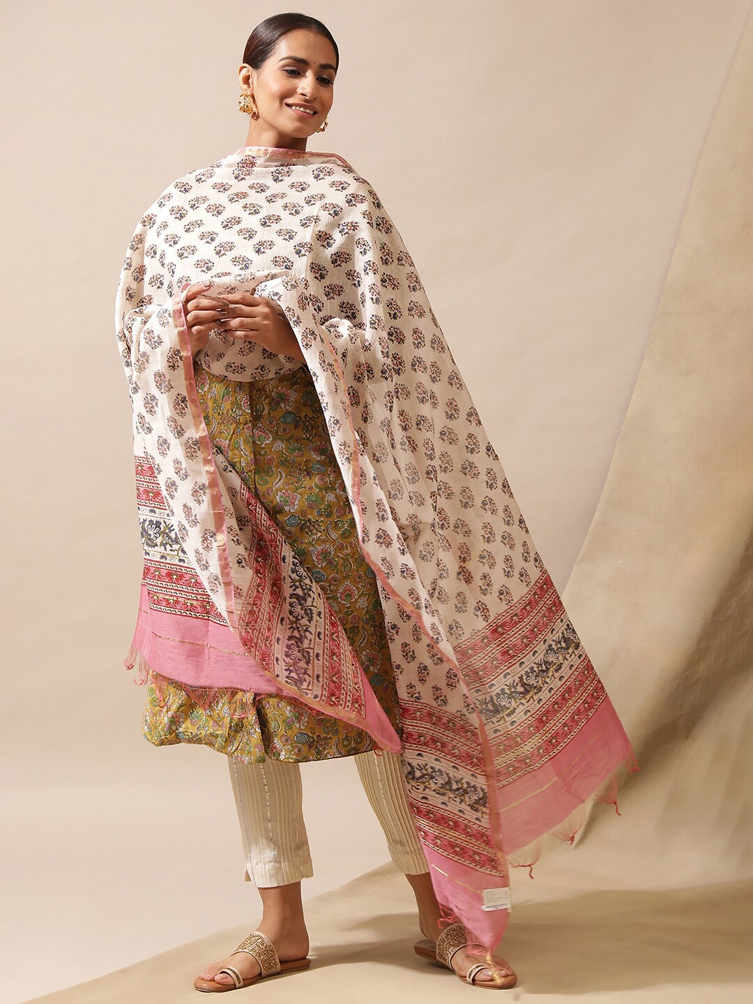 

W The Folksong Collection Ethnic Motifs Printed Cotton Dupatta, Green