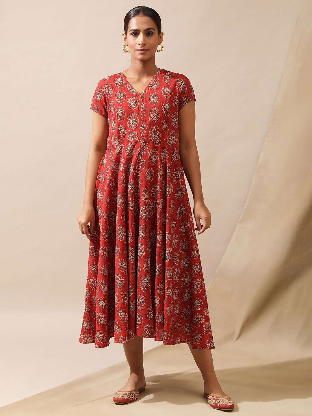 

W Floral Printed V-Neck Cotton Fit & Flare Midi Dress, Red