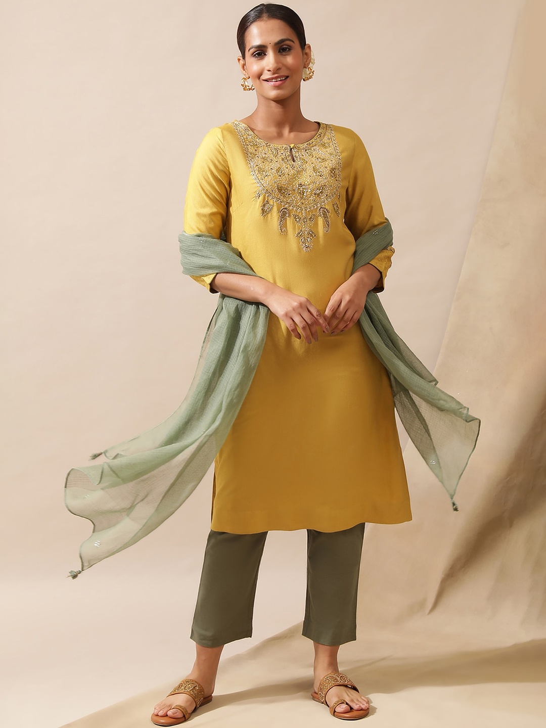 

W Yellow Thread Work Detailed Straight Kurta