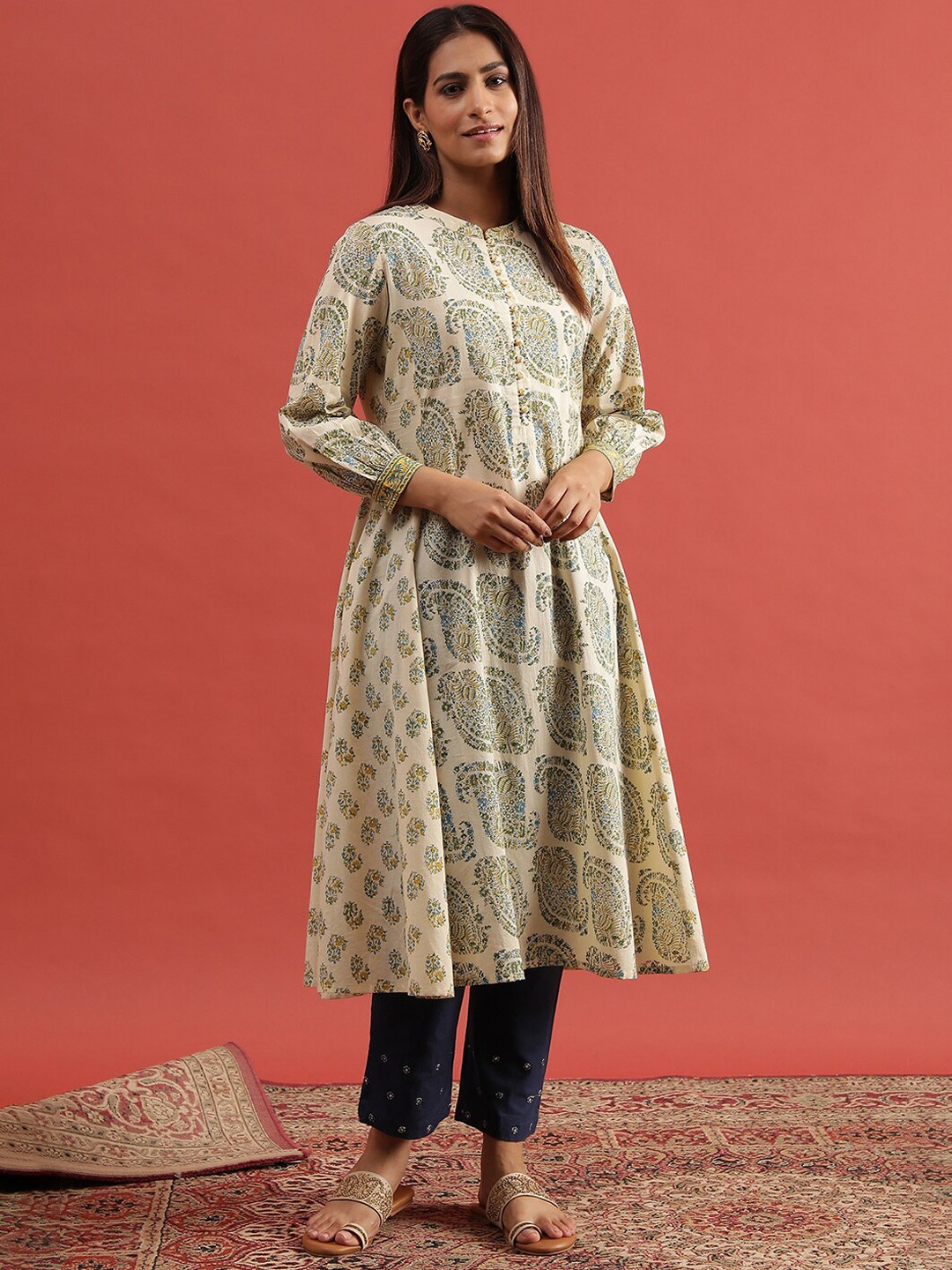 

W Ethnic Motifs Printed Mandarin Collar Cotton A-Line Kurta, Off white