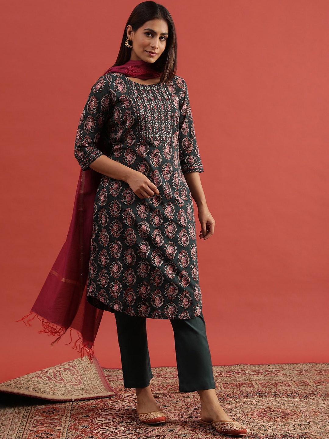 

W Ethnic Motifs Printed Round Neck Cotton A-Line Kurta, Black