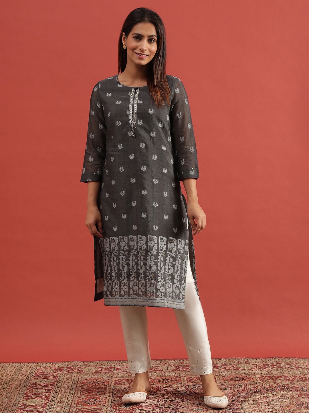 

W Ethnic Motifs Printed Round Neck Cotton A-Line Kurta, Black