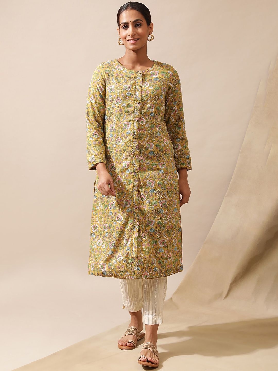 W Floral Printed Round Neck Straight Kurta, Yellow