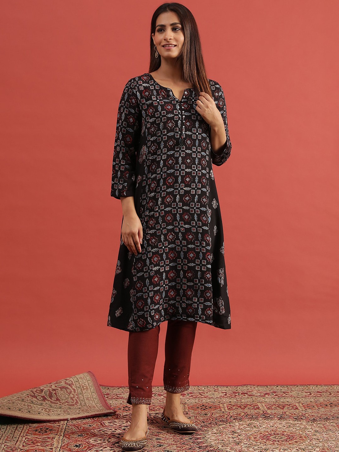 

W Ethnic Motifs Printed Round Neck A-Line Kurta, Black