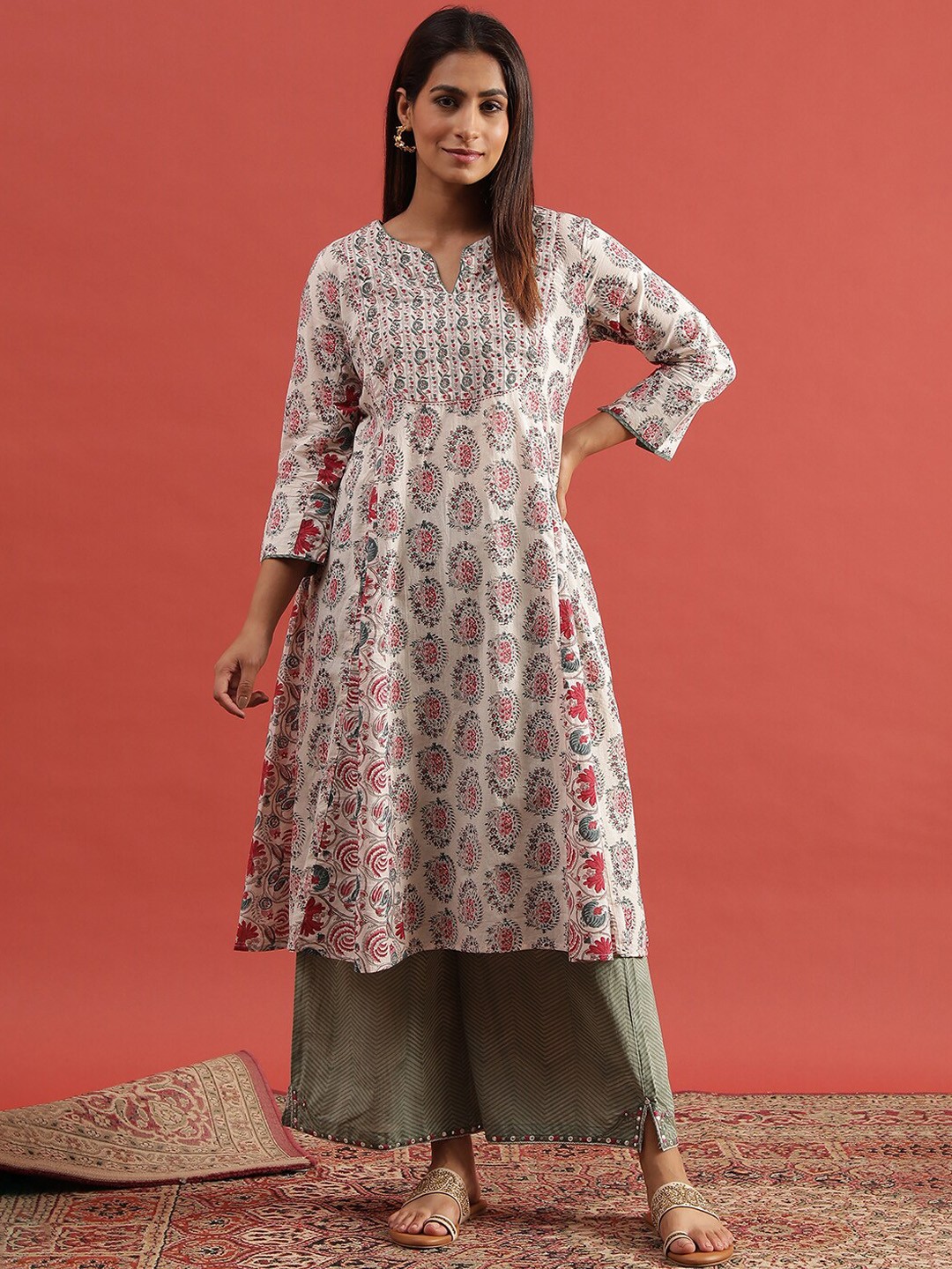 

W Ethnic Motifs Printed Round Neck Cotton A-Line Kurta, White