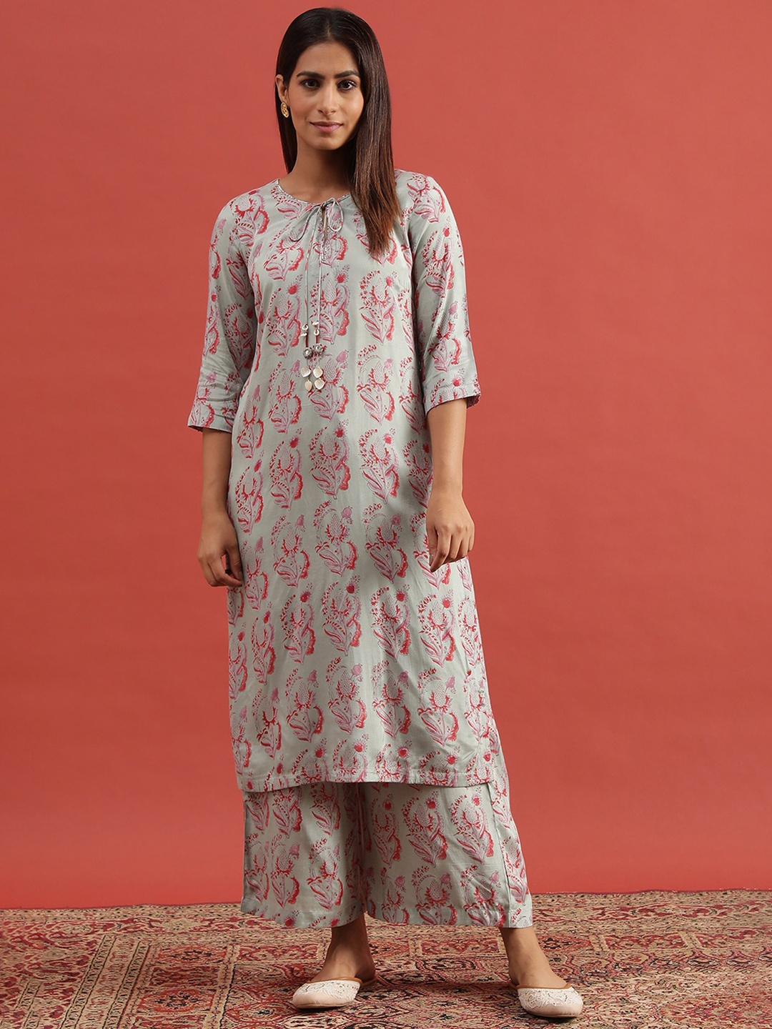 

W Ethnic Motifs Printed Round Neck A-Line Kurta, Grey