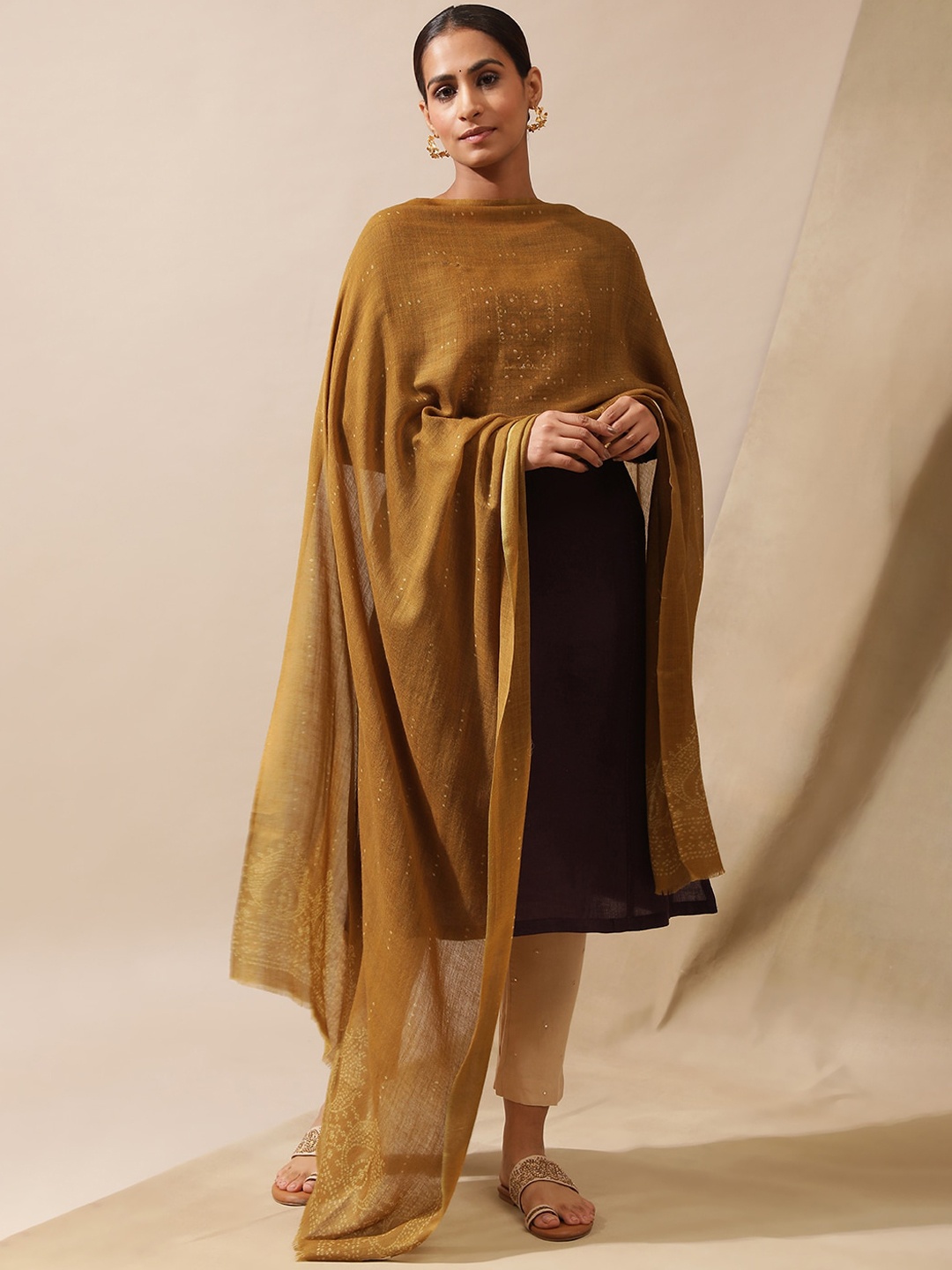 

W The Folksong Collection Ethnic Motifs Printed Woolen Shawl, Brown