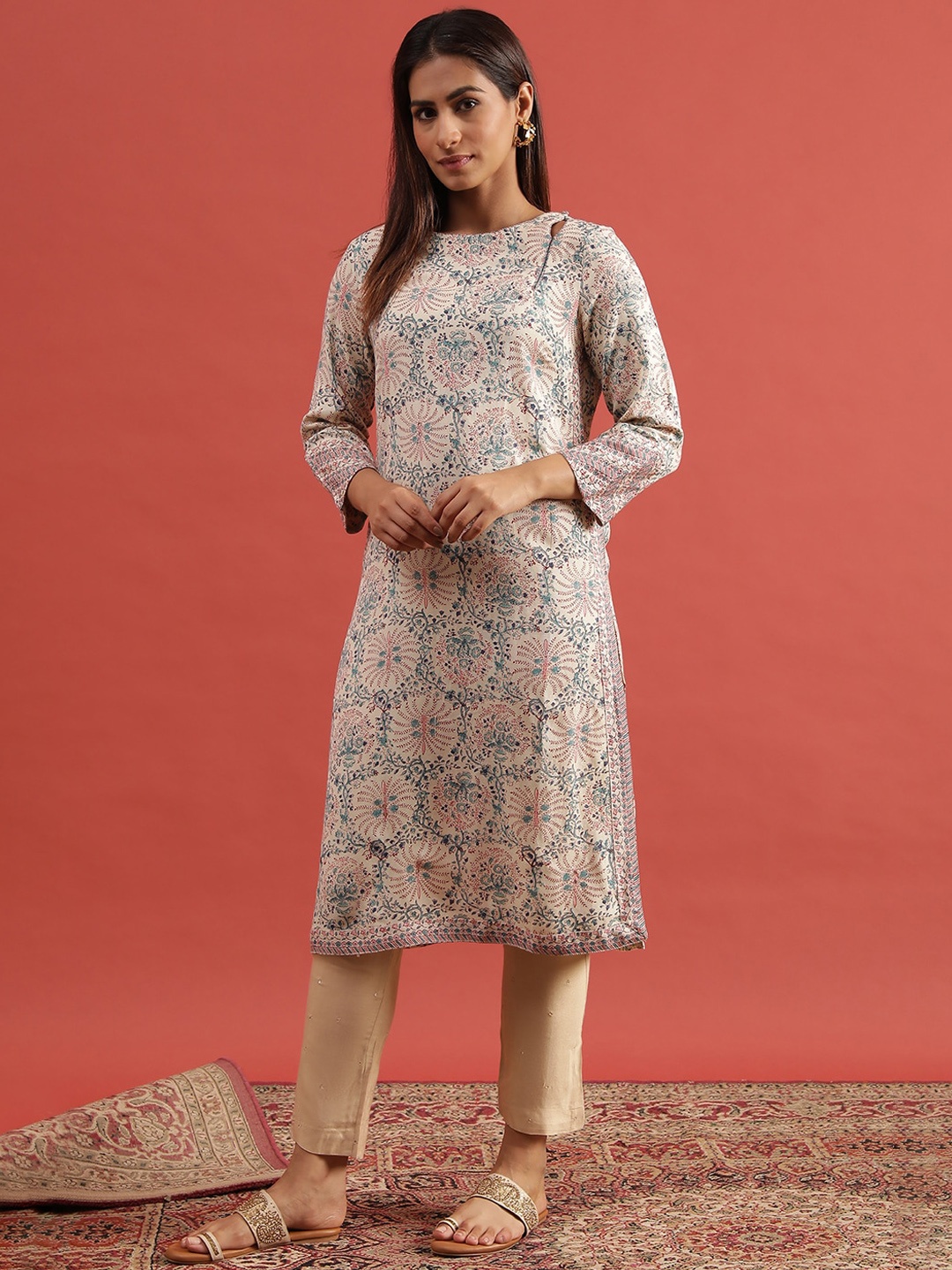 

W Beige Floral Printed Boat Neck Straight Kurta