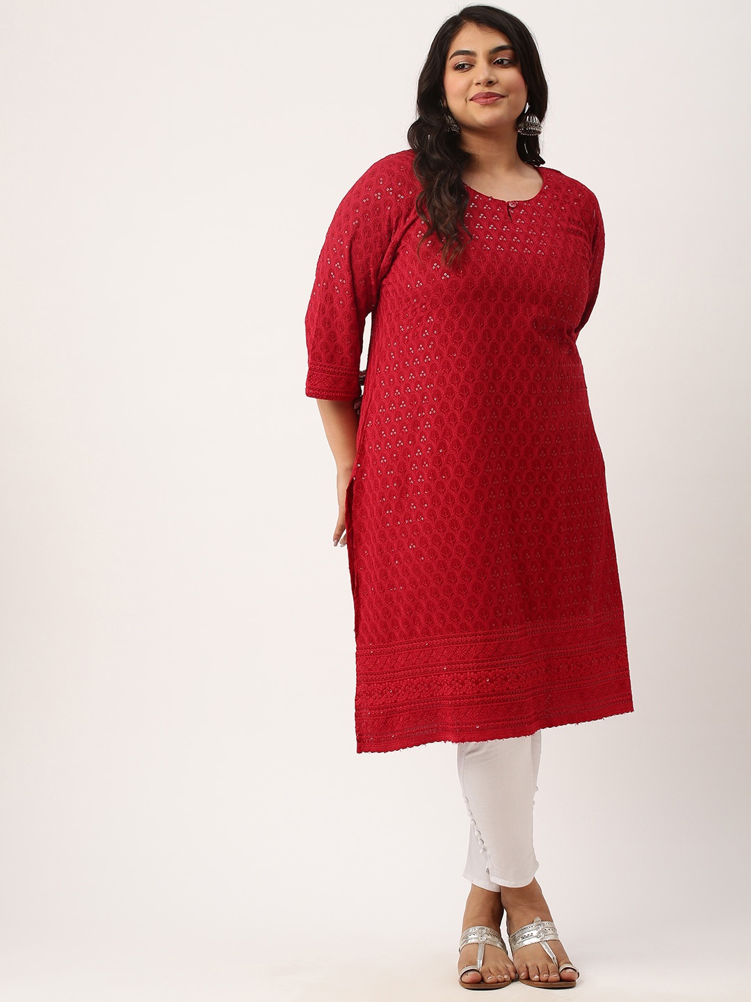 

Zola Plus Plus Size Ethnic Motifs Embroidered Sequins Detail Straight Kurta, Maroon