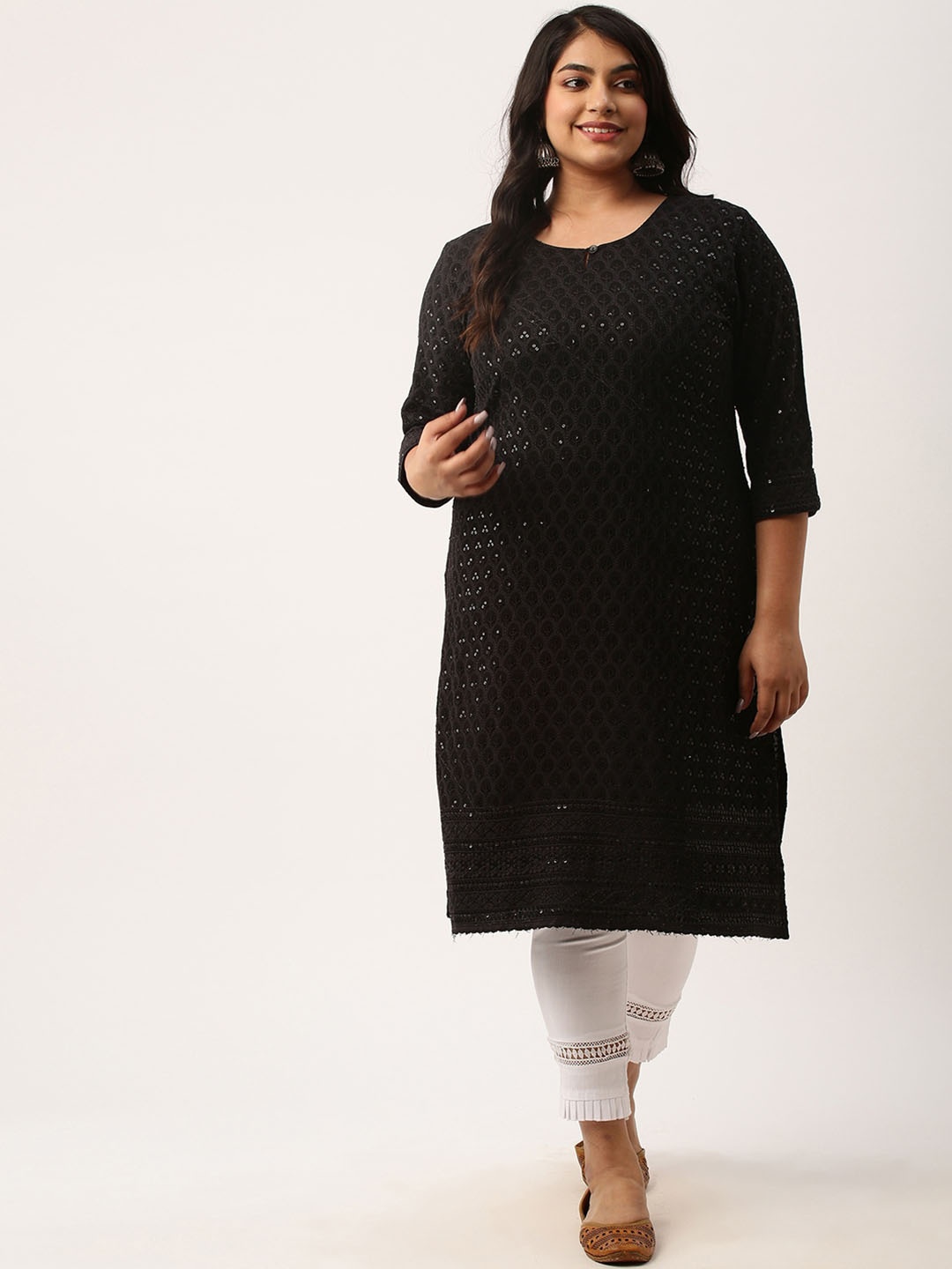 

Zola Plus Plus Size Ethnic Motifs Embroidered Sequins Detail Kurta, Black