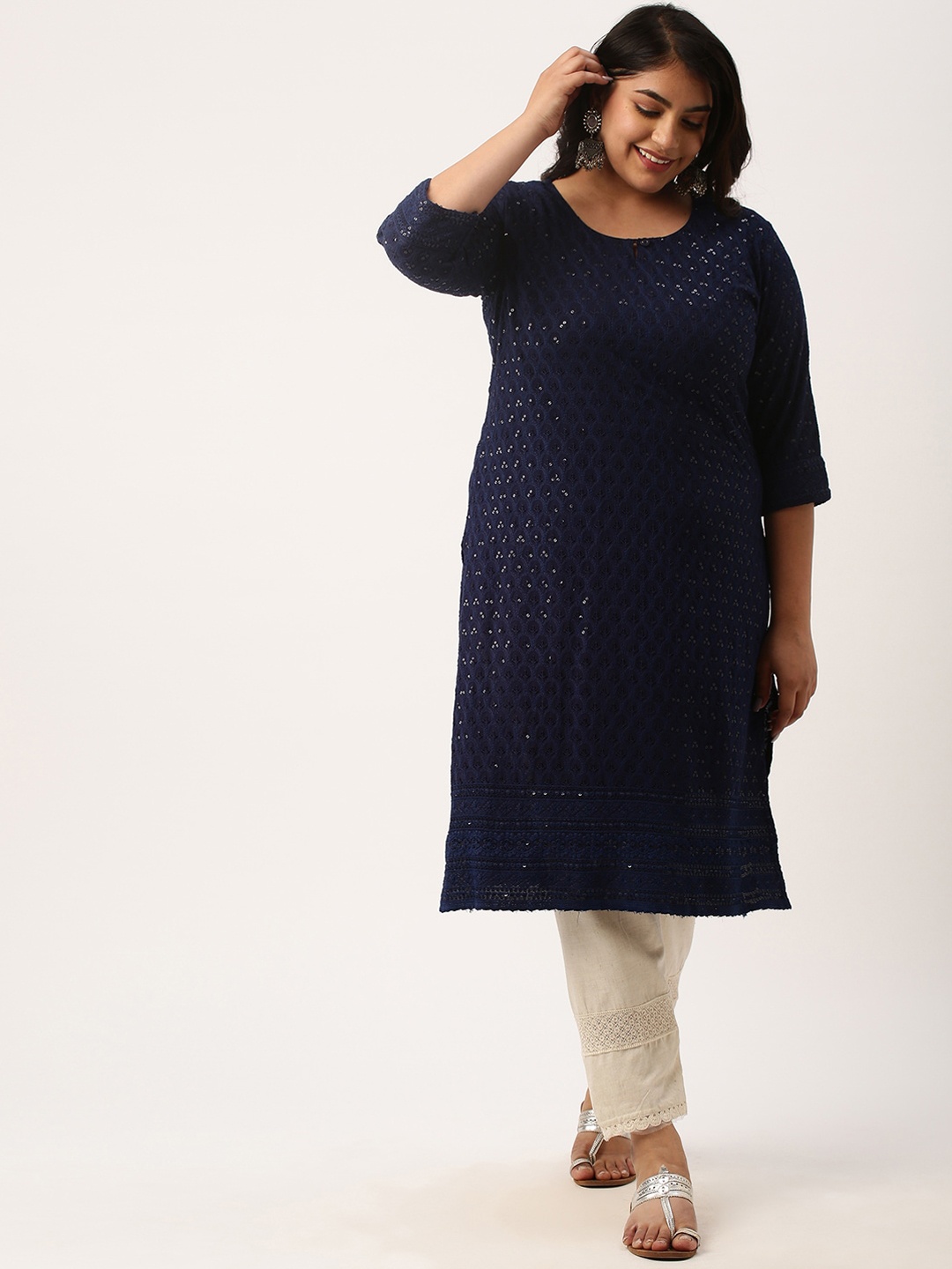 

Zola Plus Plus Size Ethnic Motifs Embroidered Sequins Detail Kurta, Navy blue