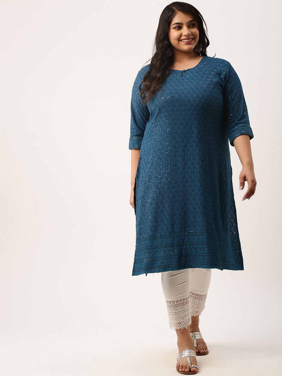 

Zola Plus Plus Size Ethnic Motifs Embroidered Sequins Detail Kurta, Teal