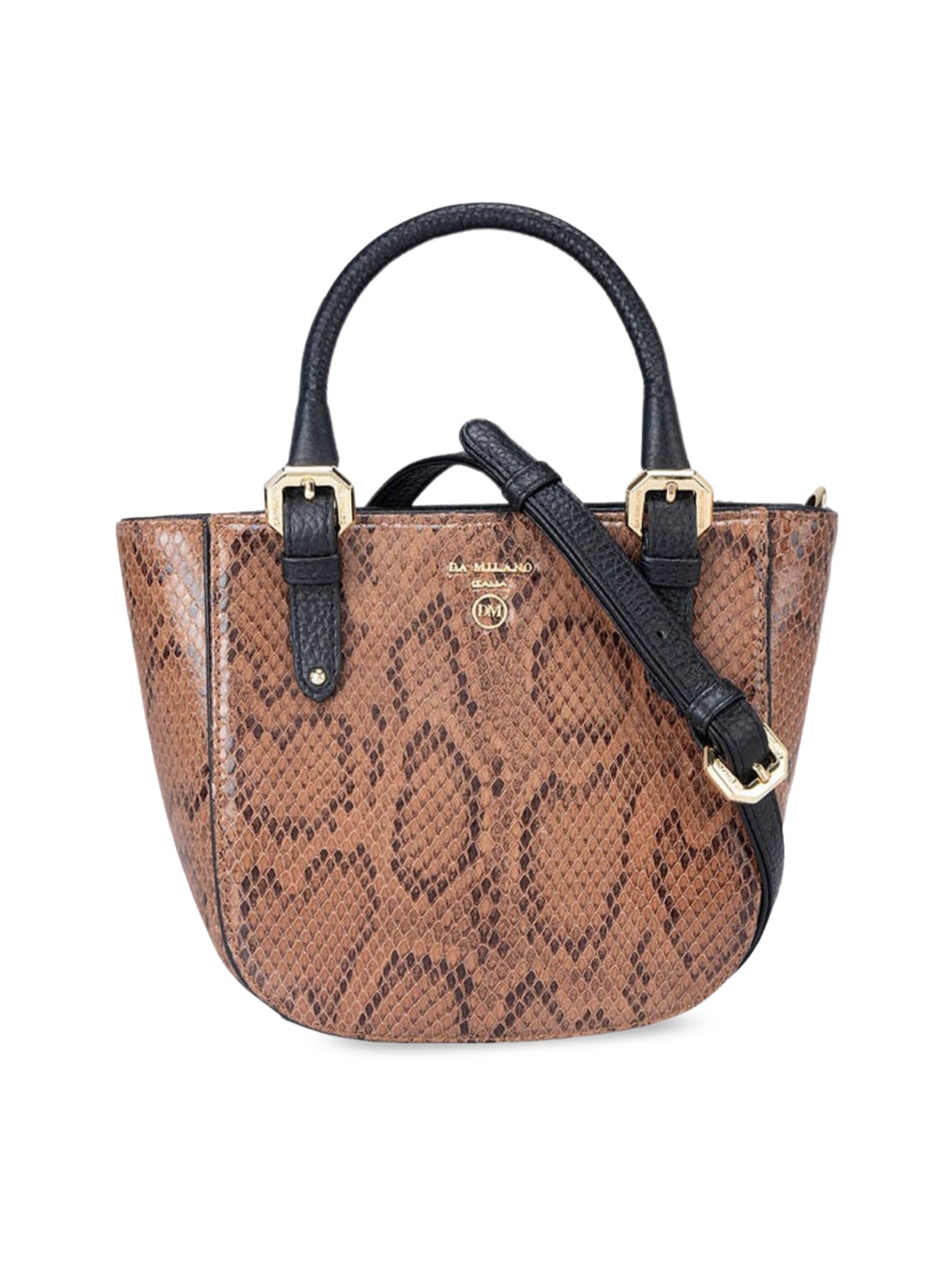 

Da Milano Animal Printed Half Moon Leather Satchel Bag with Cut Work, Brown