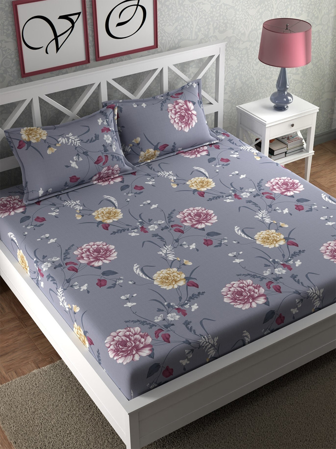 

CHHAVI INDIA Grey & Yellow Printed 210 TC King Bedsheet with 2 Pillow Covers