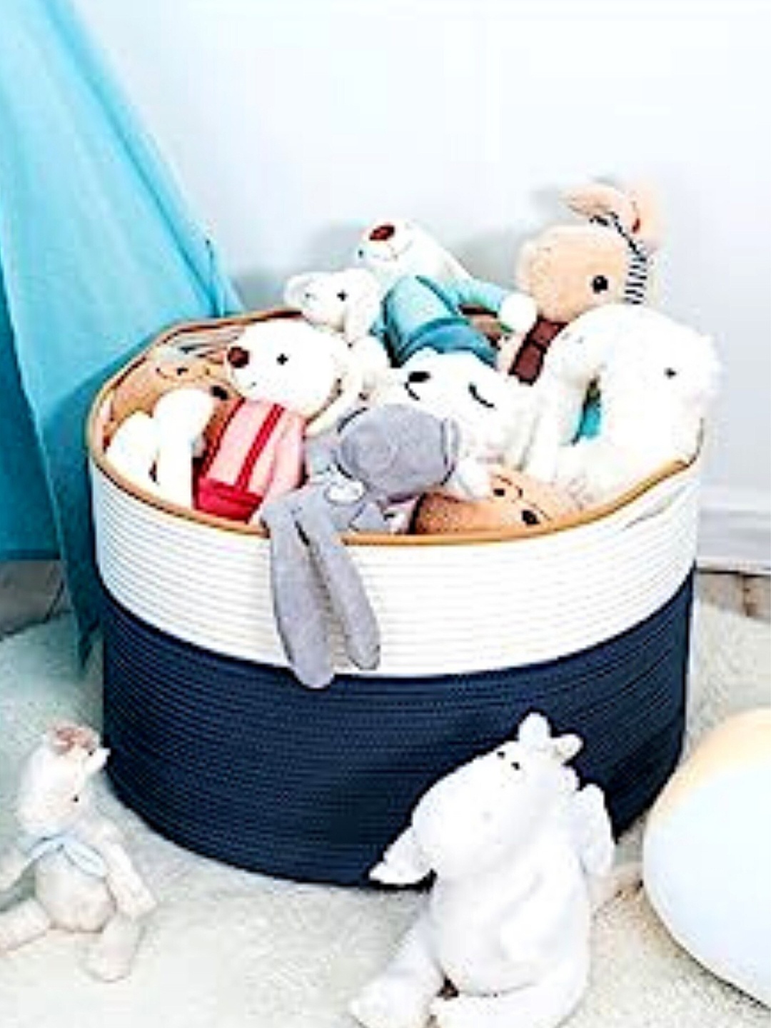 

JASMEY HOMES Blue & White Colourblocked Cotton Laundry Basket