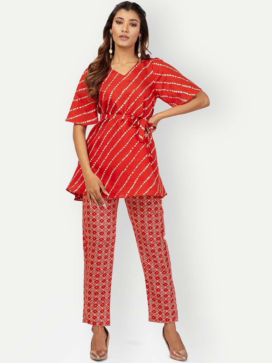 

DRESOUL Striped V-Neck Pure Cotton Top & Trouser, Red