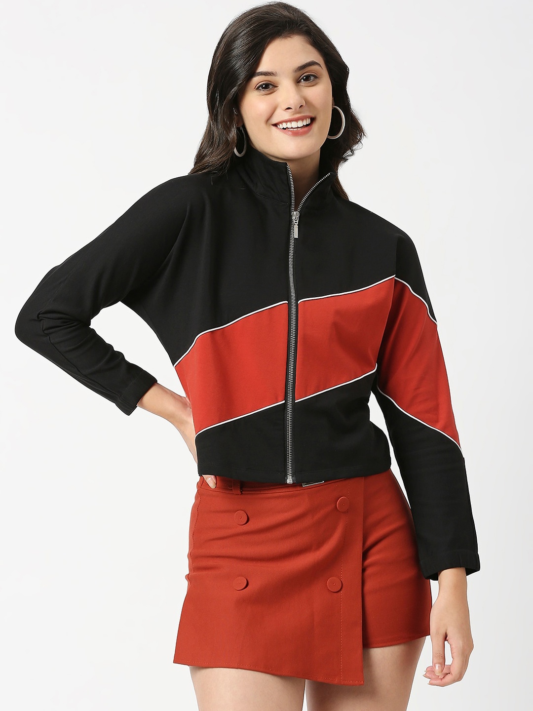 

ANWAIND Colourblocked Mock Collar Crop Bomber Jacket, Black