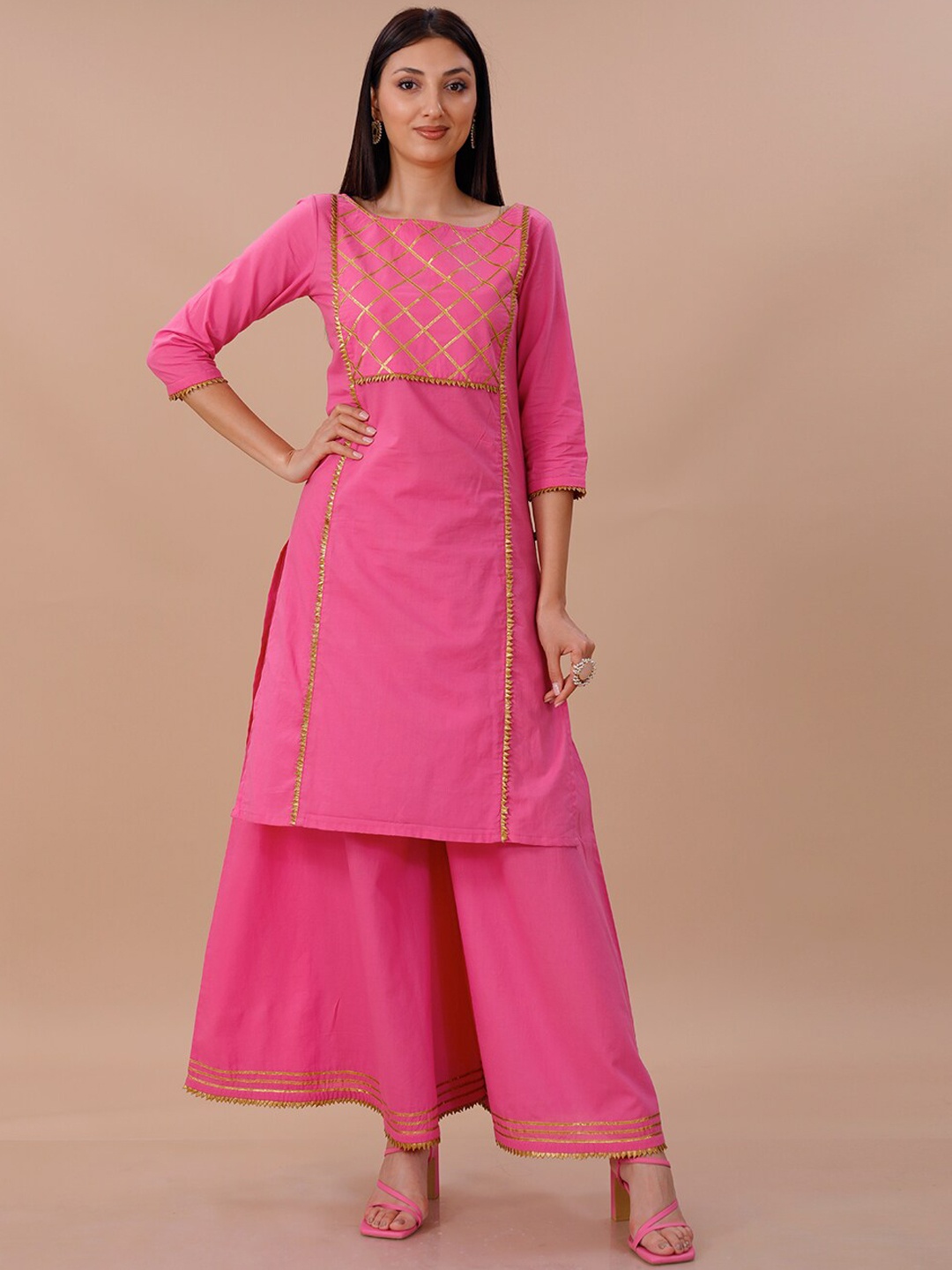 

FABNEST Checked Yoke Design Gotta Patti Pure Cotton Kurta And Palazzos, Pink