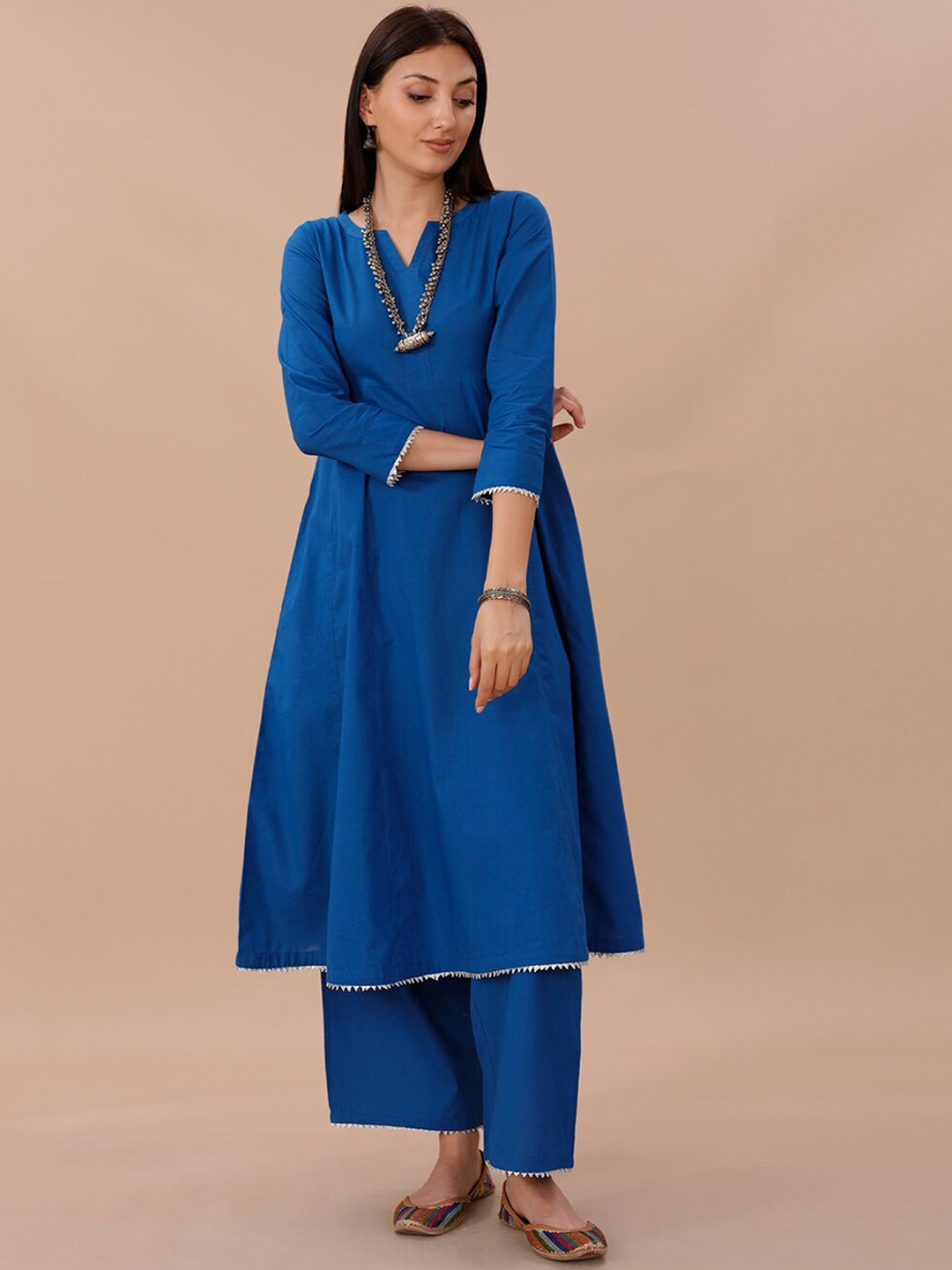 

FABNEST Gotta Patti Pure Cotton A-Line Kurta And Trousers, Blue