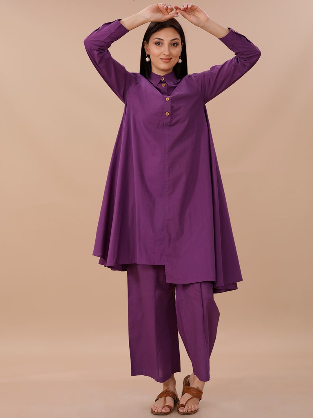 

FABNEST Shirt Collar Pure Cotton A-Line Kurta And Trousers, Purple