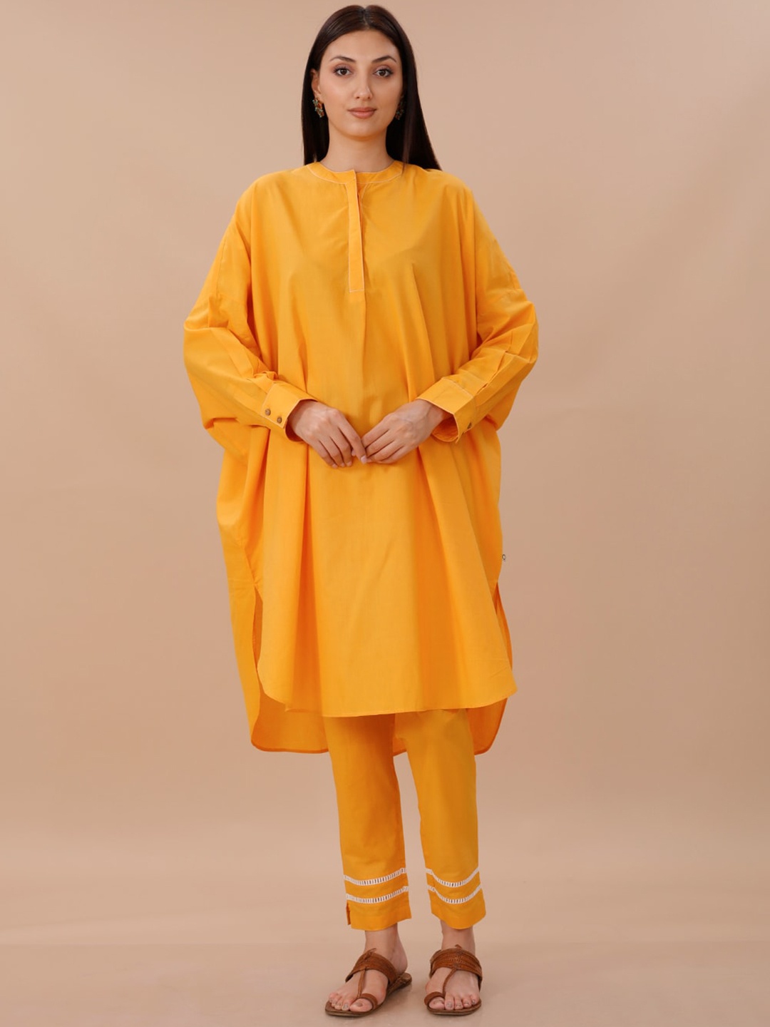 

FABNEST Mandarin Collar Pure Cotton Kurta With Trousers, Yellow