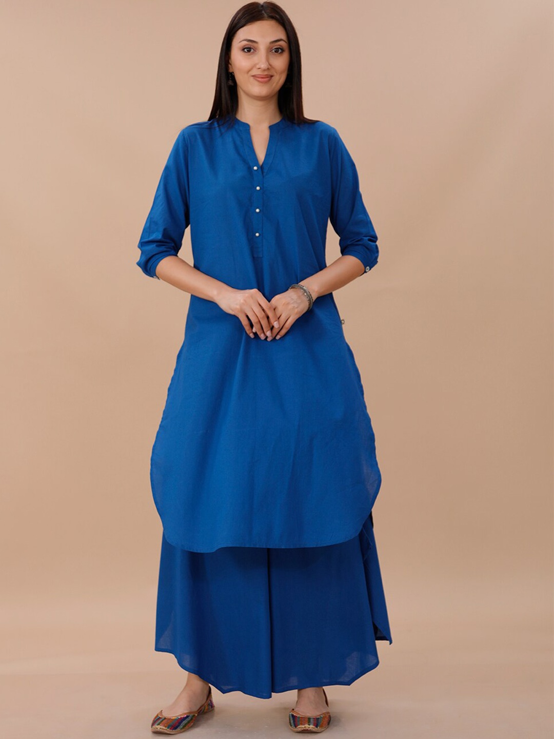 

FABNEST Mandarin Collar Curved A-Line Pure Cotton Kurta with Palazzos, Blue