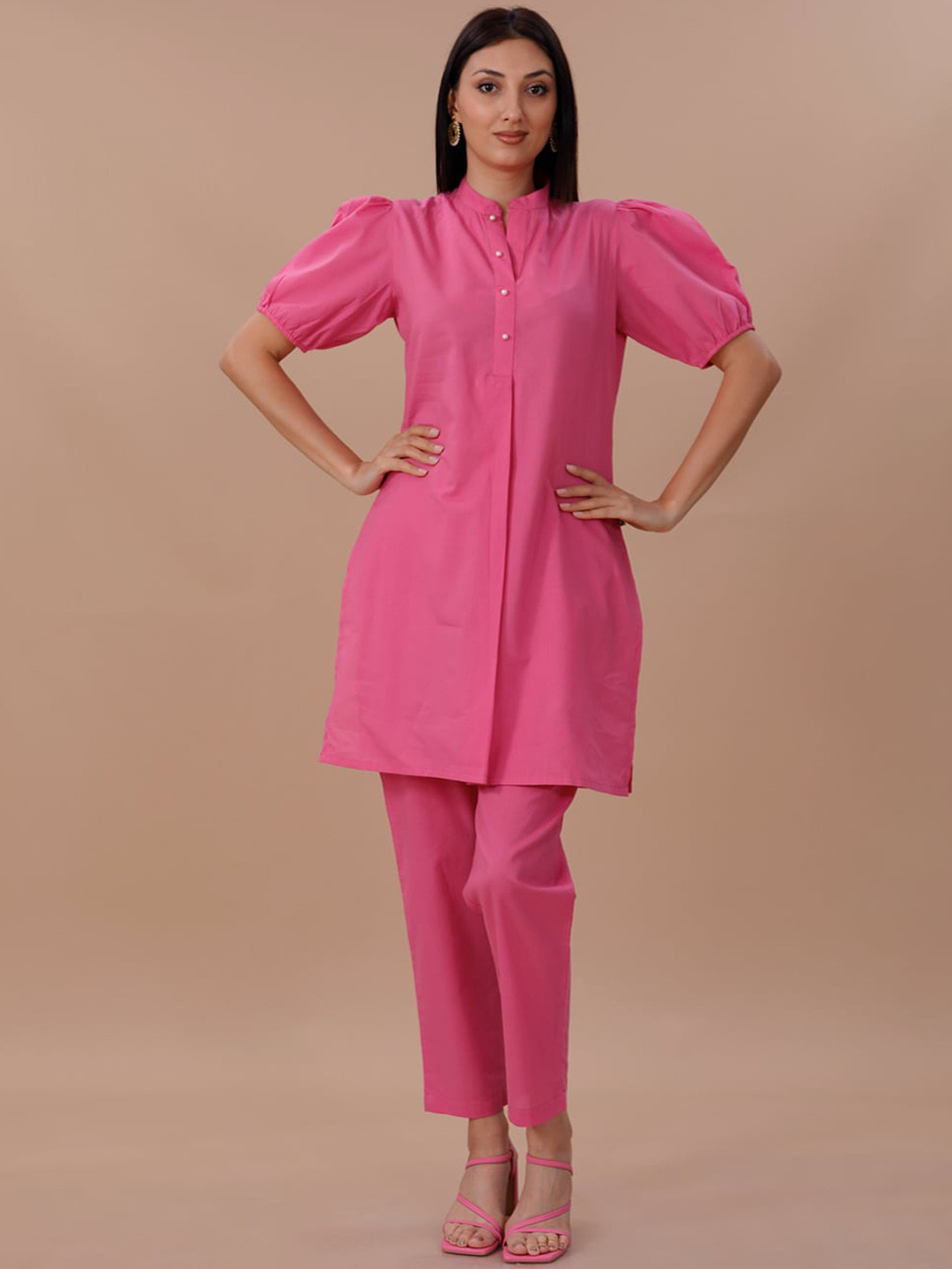 

FABNEST Mandarin Collar Puff Sleeves Pure Cotton Kurti & Trousers, Pink