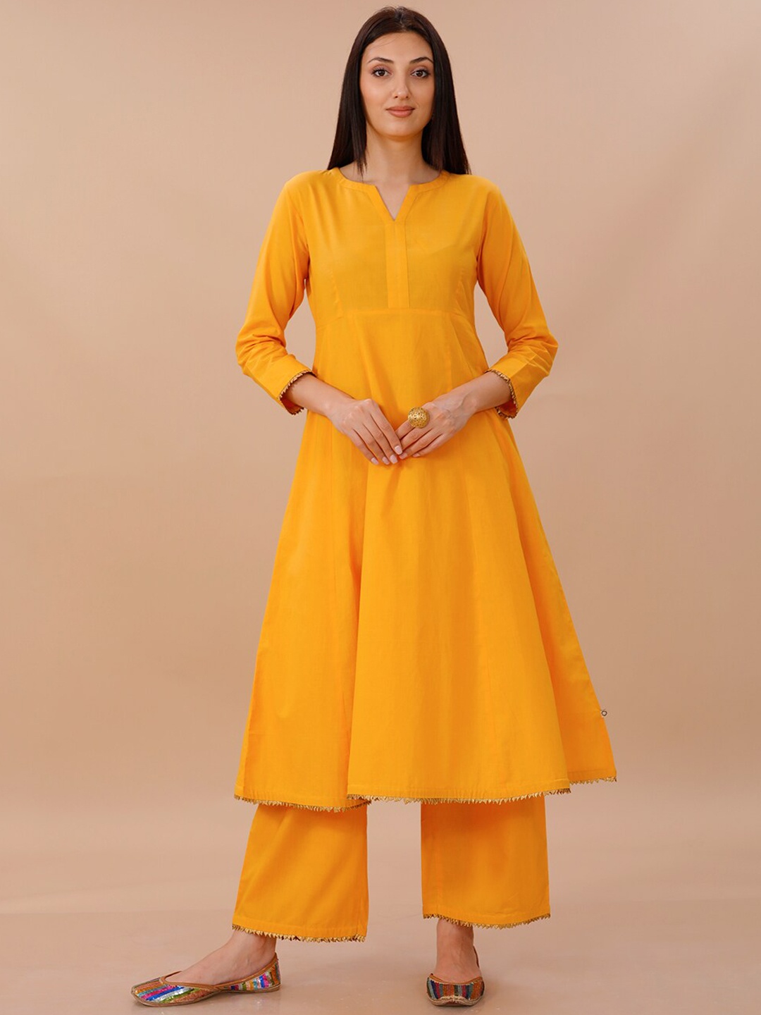 

FABNEST Gotta Patti Pure Cotton Anarkali Kurta With Palazzos, Yellow