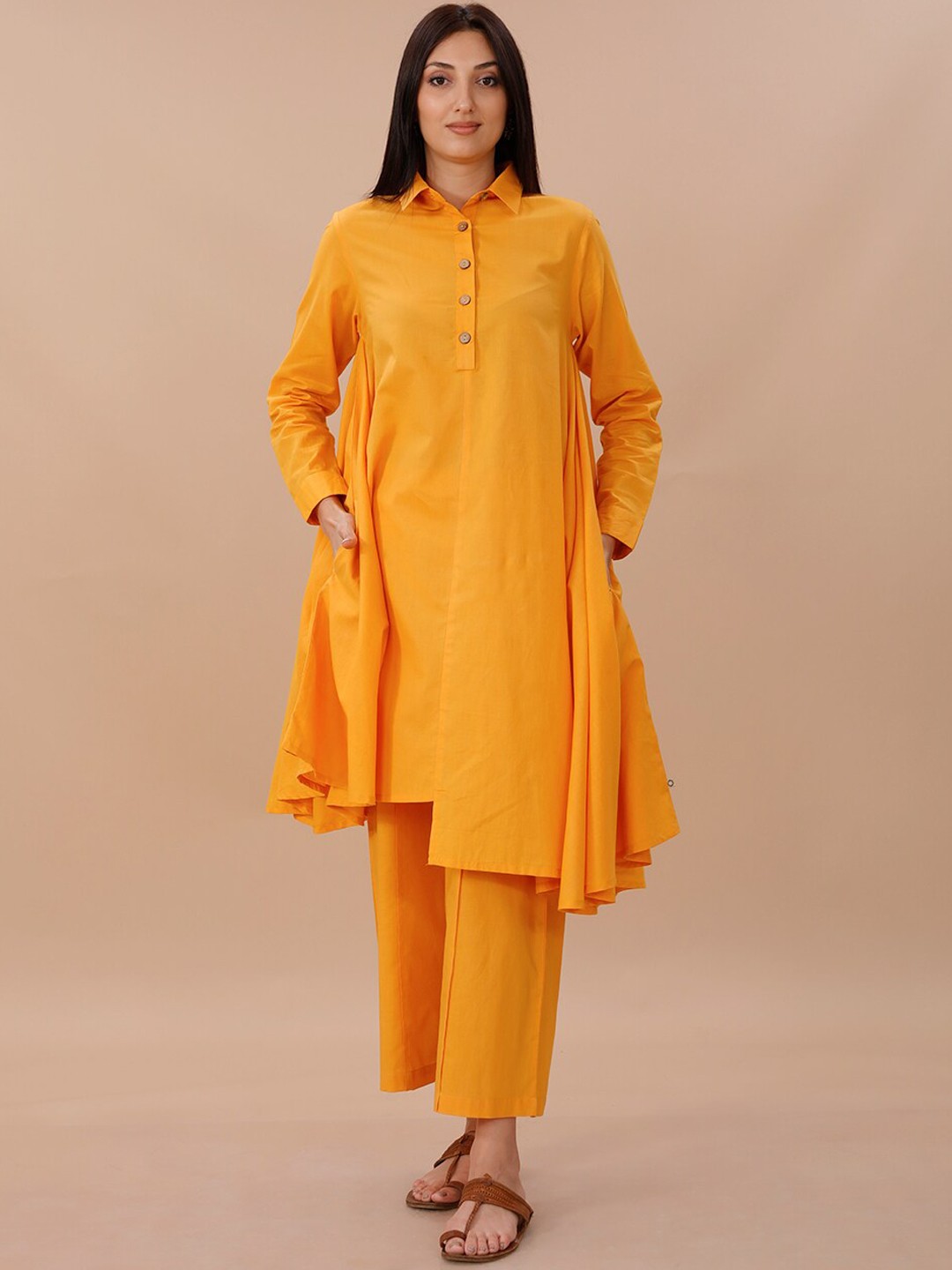 

FABNEST Shirt Collar Pure Cotton A-Line Kurta And Trousers, Yellow