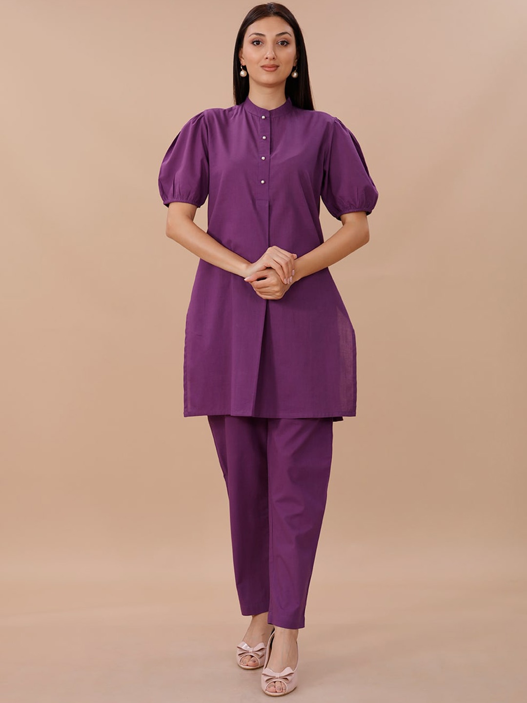 

FABNEST Puff Sleeves Pure Cotton Kurta With Trousers, Purple