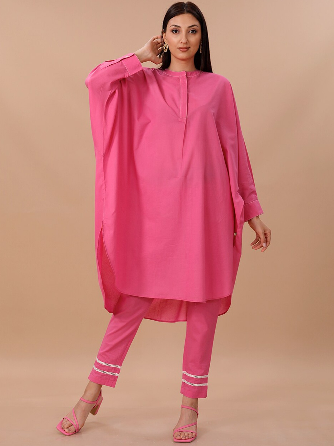 

FABNEST Mandarin Collar Pure Cotton Kaftan Kurta And Trousers, Pink