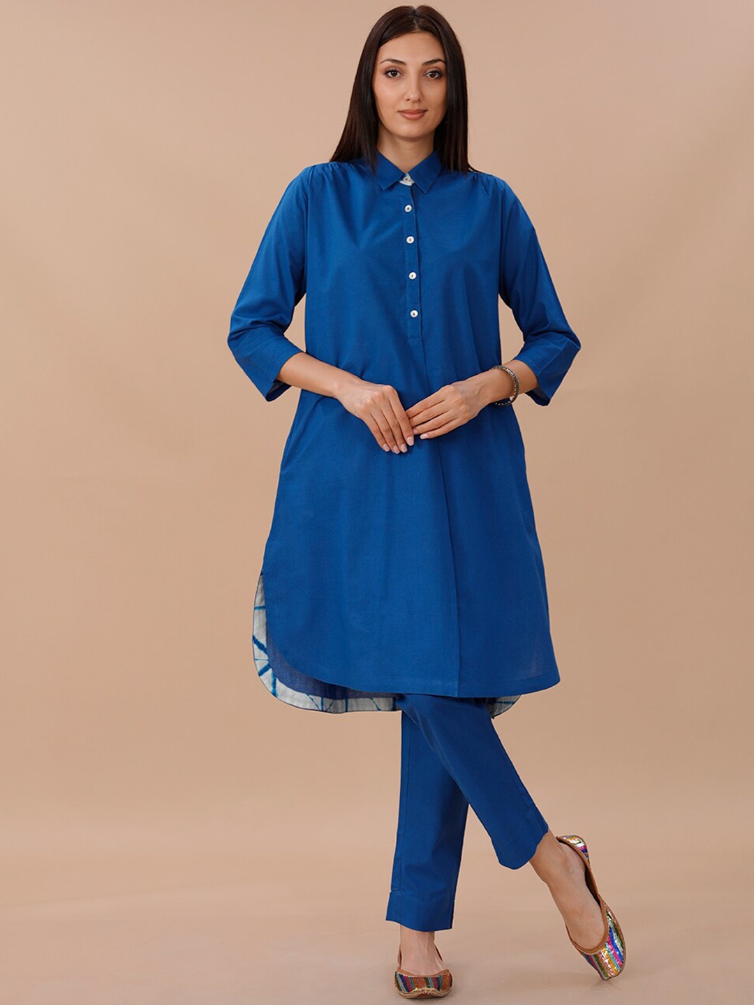 

FABNEST Shirt Collar Curved Pure Cotton Kurta with Trousers, Blue