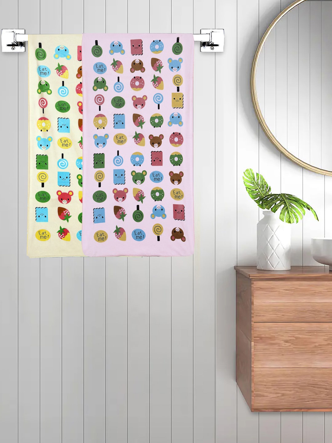 FABINALIV Pink & Yellow 2 Pieces Cartoon Printed 420 GSM Cotton Bath Towels, Multi