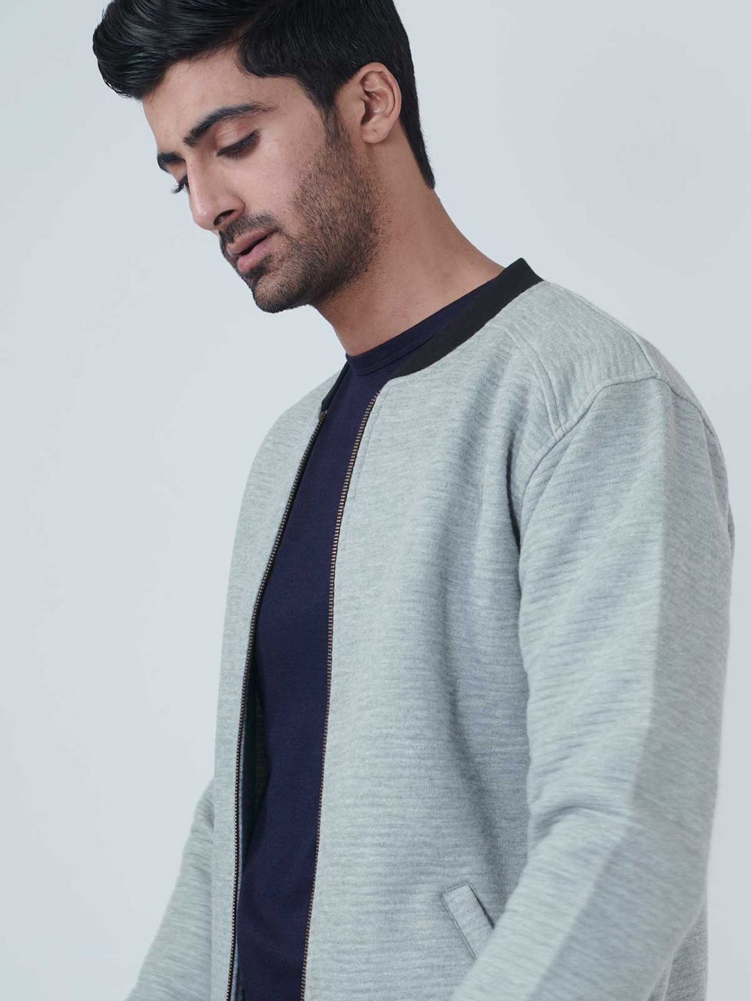 

Beyours Self Design Mock collar Lightweight Bomber Jacket, Grey