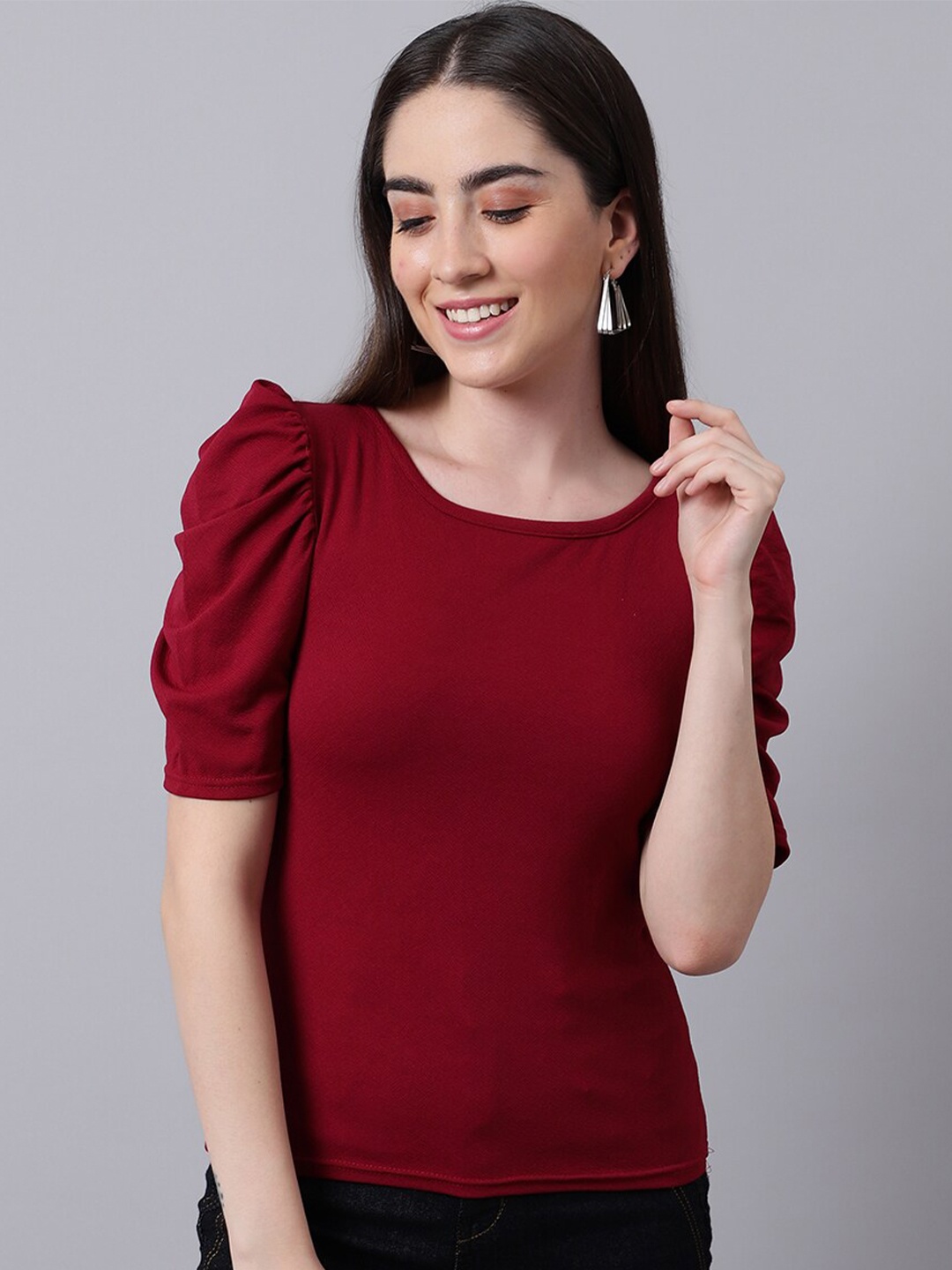 

BAESD Round Neck Ruched Sleeves Gathered Regular Top, Maroon