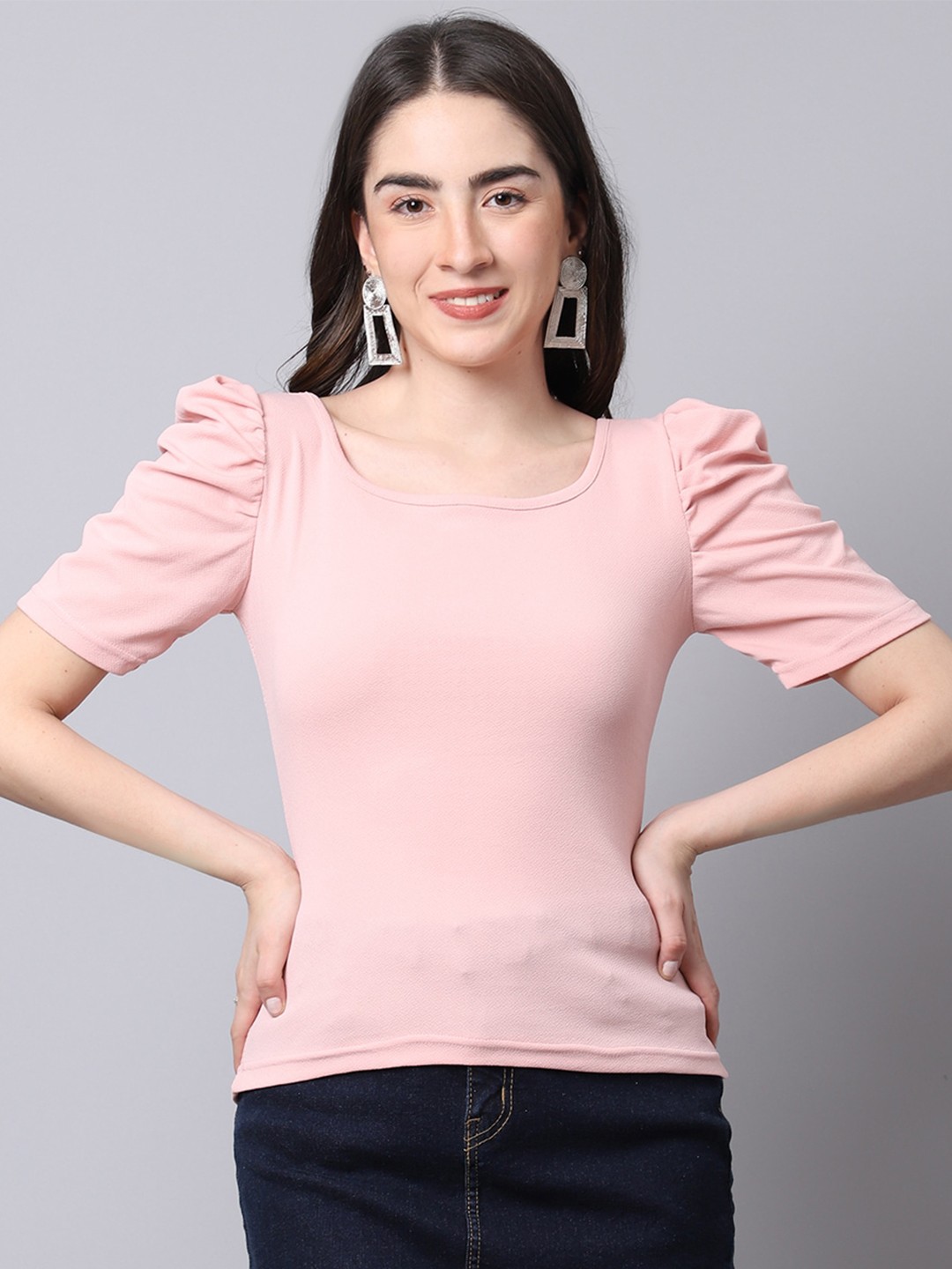 

BAESD Round Neck Puff Sleeves Top, Peach