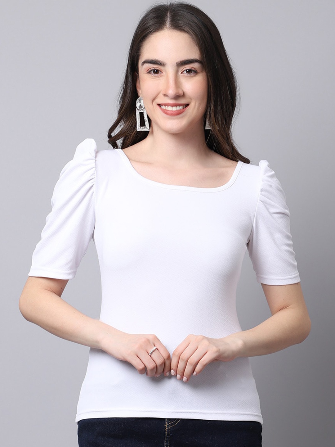 

BAESD Round Neck Puff Sleeves Top, White