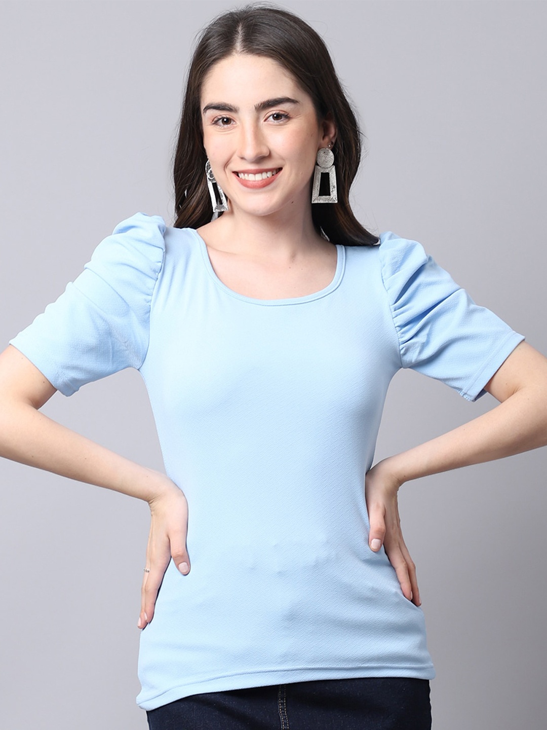 

BAESD Round Neck Ruched Sleeves Gathered Regular Top, Turquoise blue