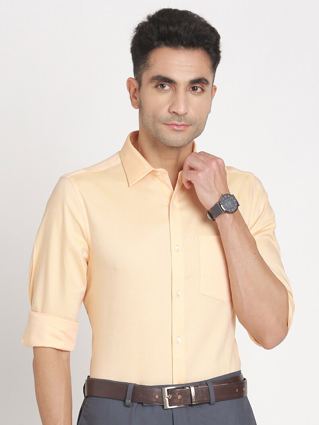 

Turtle Modern Slim Fit Dobby Spread Collar Cotton Formal Shirt, Peach