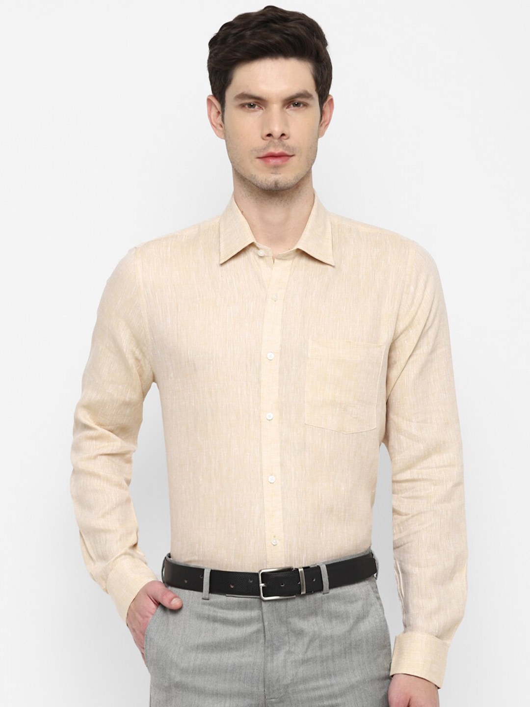 

Turtle Modern Slim Fit Opaque Pure Linen Formal Shirt, Beige