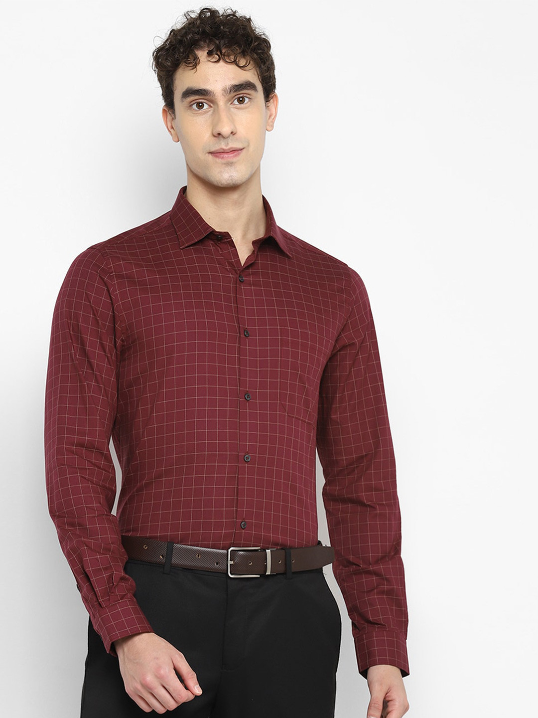 

Turtle Modern Grid Tattersall Checked Pure Cotton Formal Shirt, Maroon