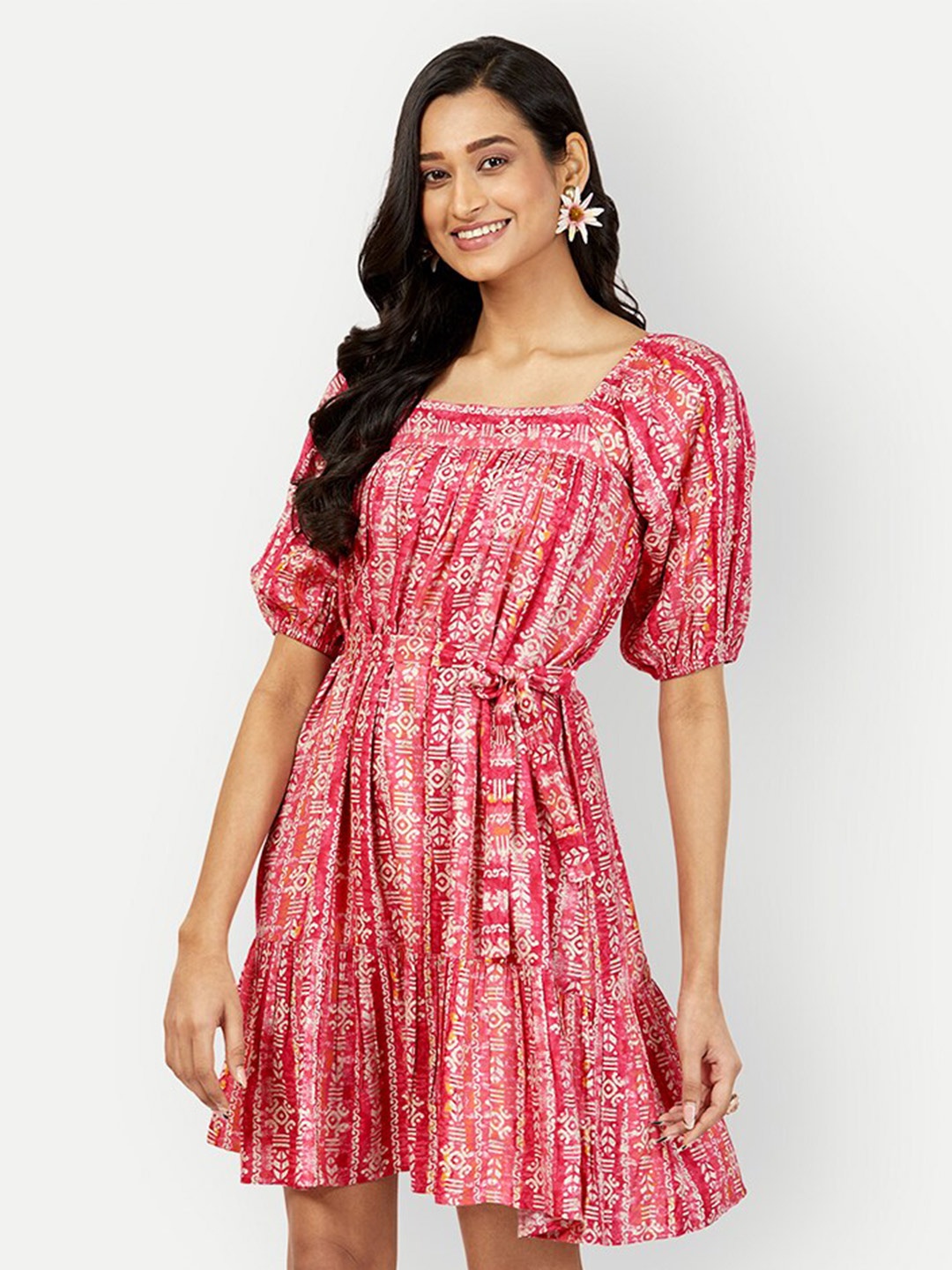 

DRESOUL Abstract Printed Off-Shoulder Belted Detailed Fit & Flare Dress, Pink
