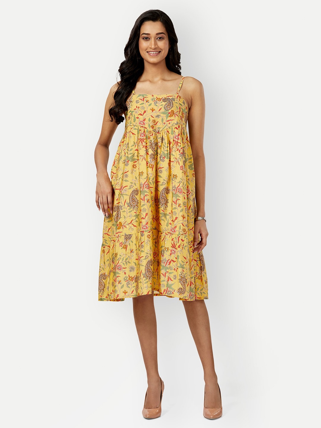 

DRESOUL Paisley Ethnic Motifs Printed Shoulder Strap Gathered Fit & Flare Dress, Yellow