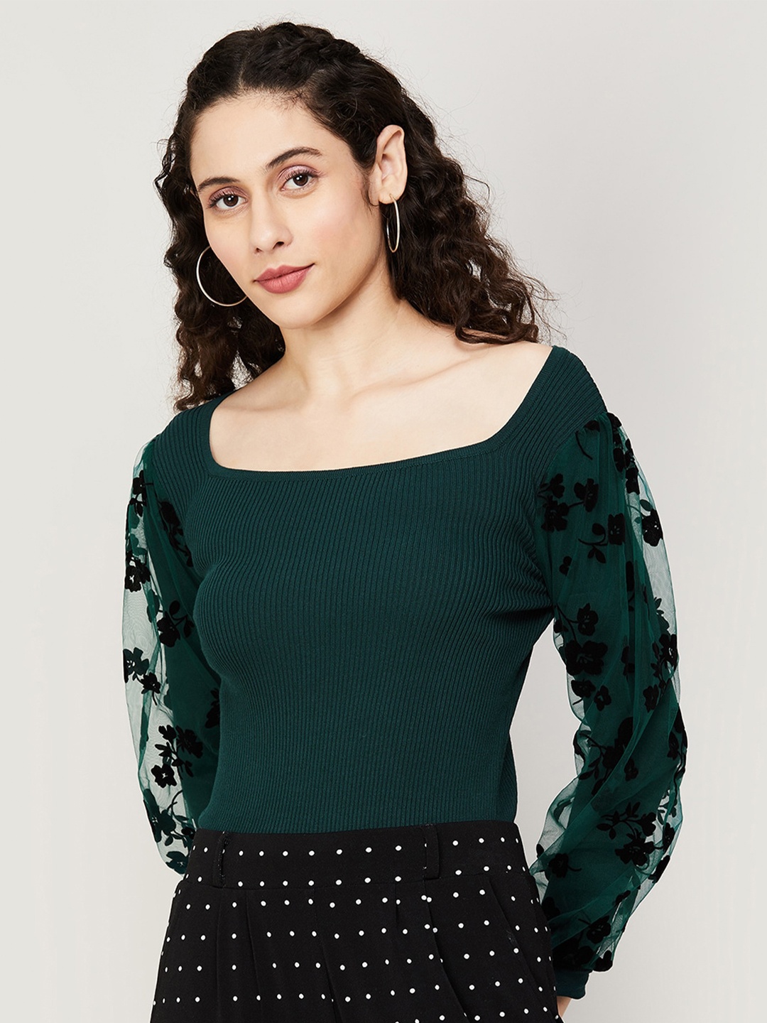 

CODE by Lifestyle Floral Printed Square Neck Puff Sleeve Regular Top, Green